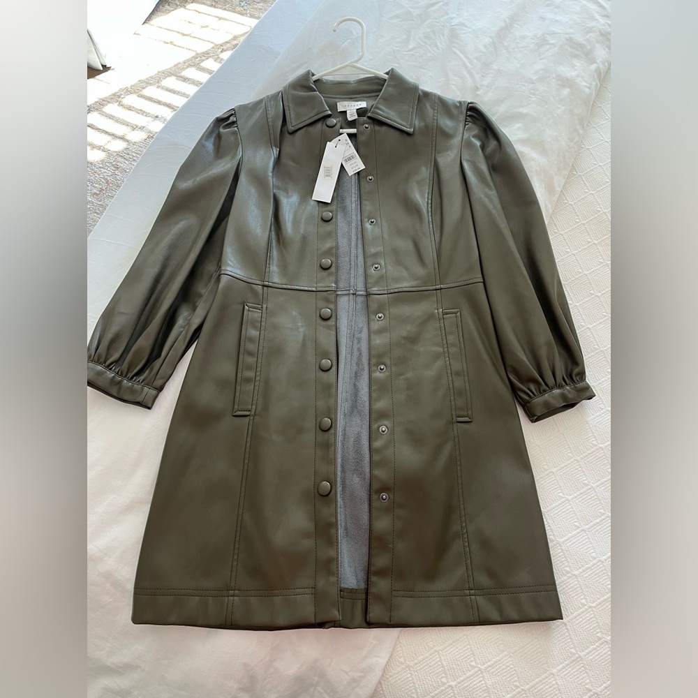 Topshop Faux Leather Olive Green Button-Front Dress